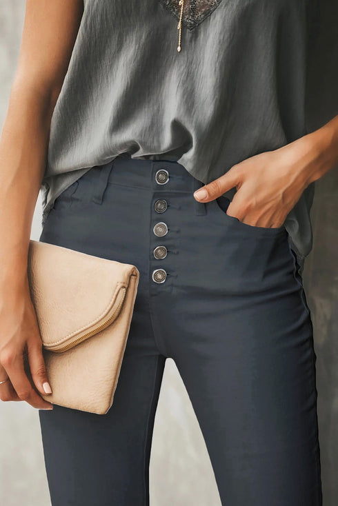 Plain High Waist Buttons Frayed Cropped Denim Jeans